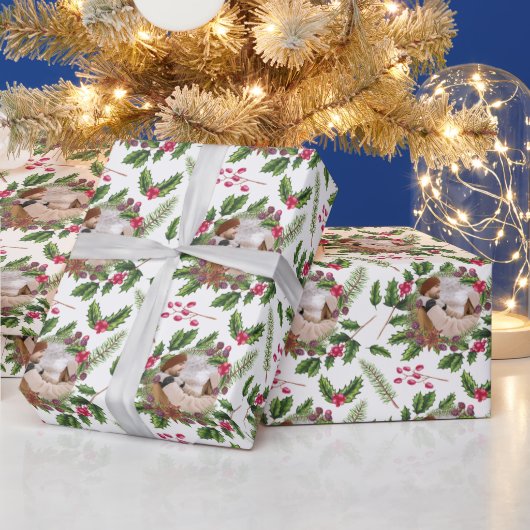 クリスマス ホーリー リース 写真 パーソナライズ ラッピングペーパー (クリスマス)