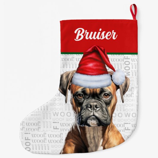 クリスマス・ボクサー犬の名前の背景 ラージクリスマスストッキング (裏面)