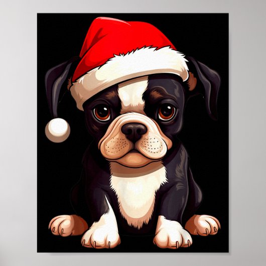 クリスマス ボストンテリア 犬 サンタ帽子 面白い クリスマス ポスター (正面)
