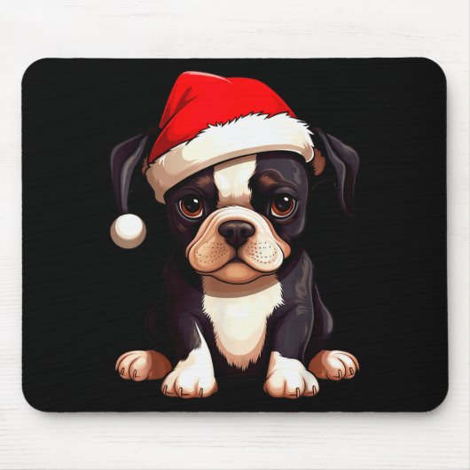 クリスマス ボストンテリア 犬 サンタ帽子 面白い クリスマス マウスパッド (正面)