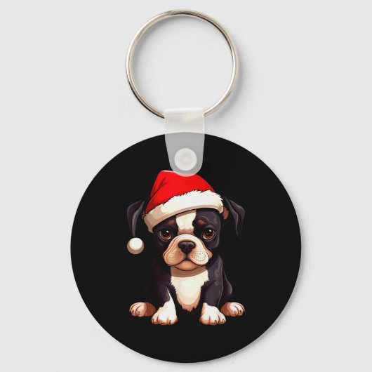 クリスマス ボストンテリア 犬 サンタ帽 面白い Xmas キーホルダー (正面)