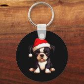クリスマス ボストンテリア 犬 サンタ帽 面白い Xmas キーホルダー (正面)