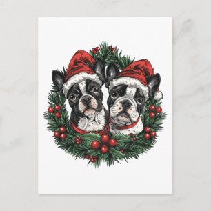 クリスマス ボストンテリア 犬 ホリデー リース ポストカード