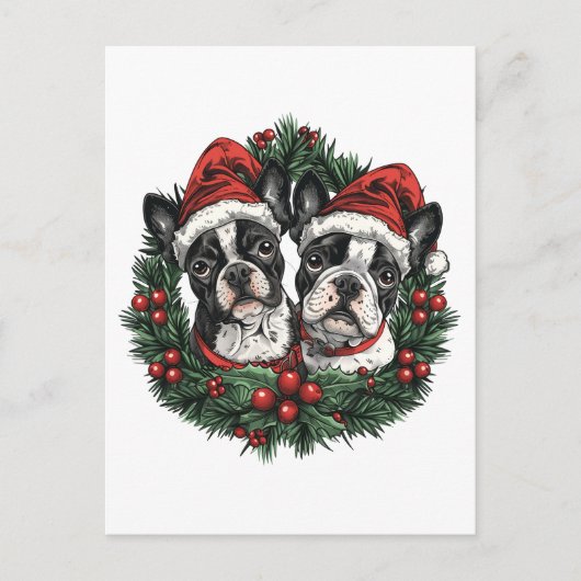 クリスマス ボストンテリア 犬 ホリデー リース ポストカード (正面)