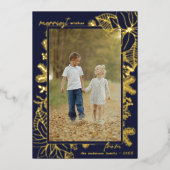 クリスマス ボタニカル | 写真 ネイビーブルーとゴールド 箔シーズンカード (正面)