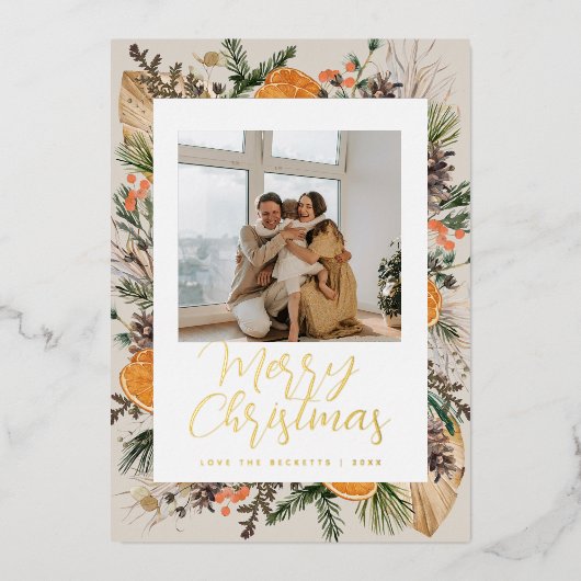 クリスマス ボヘミアンフラワー ドライ ブランチ ファミリー フォト 箔シーズンカード (正面)