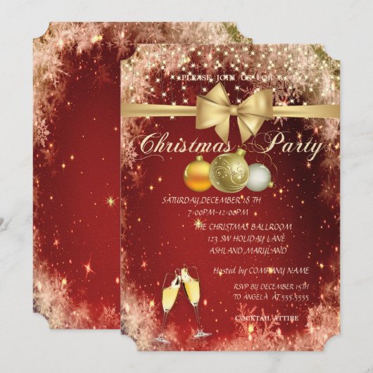 クリスマス+ボール+ガラス+リボン 社用クリスマスパーティー 招待状 (正面/裏面)