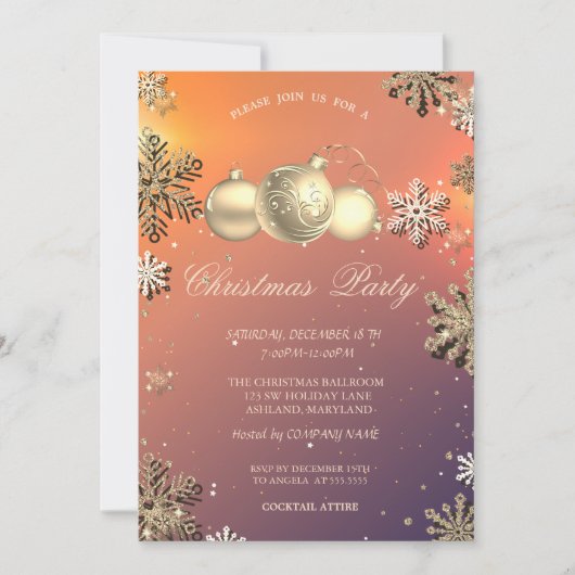 クリスマス·ボール、金ゴールド·スノーフレーク社のパーティー 招待状 (正面)