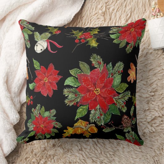 クリスマス・ポインセチアとシルバー・ベル クッション (ブランケット)