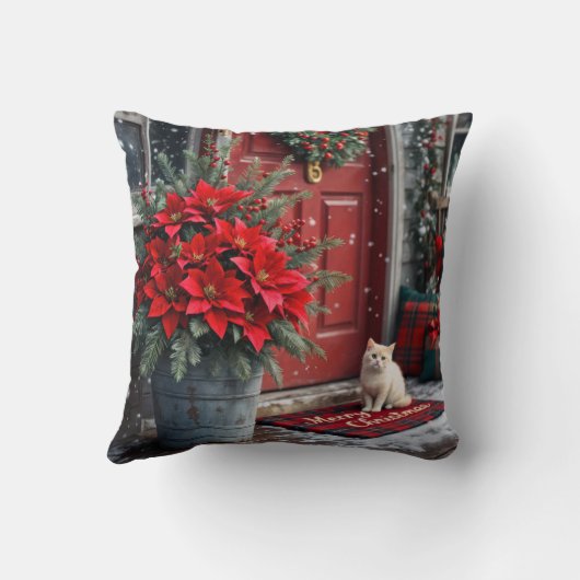 クリスマス・ポインセチアと白猫の姿 クッション (裏面)
