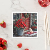 クリスマス・ポインセチアと白猫の姿 スタンダードカクテルナプキン (インサイチュ)