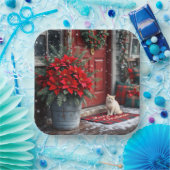 クリスマス・ポインセチアと白猫の姿 ペーパープレート (パーティー)