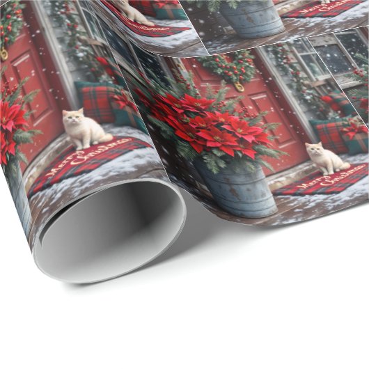クリスマス・ポインセチアと白猫の姿 ラッピングペーパー (ロールコーナー)