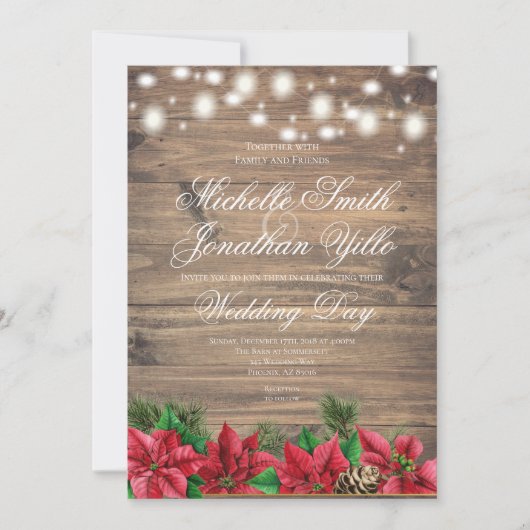 クリスマス·ポインセティ素朴ア冬の結婚式 招待状 (正面)