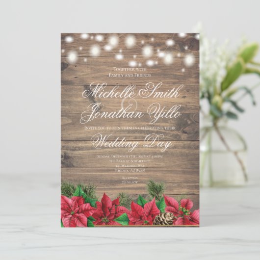 クリスマス·ポインセティ素朴ア冬の結婚式 招待状 (スタンド正面)