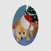 クリスマス、ポメラニア犬犬、サンタの帽子 オーナメント (正面)