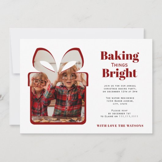 クリスマス・ミニマル・レッド・フォト・バンキング・パーティー 招待状 (正面)