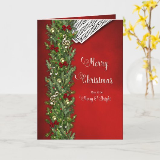 クリスマス、ミュージックノート、赤、松の枝、光沢 カード (黄色い花)