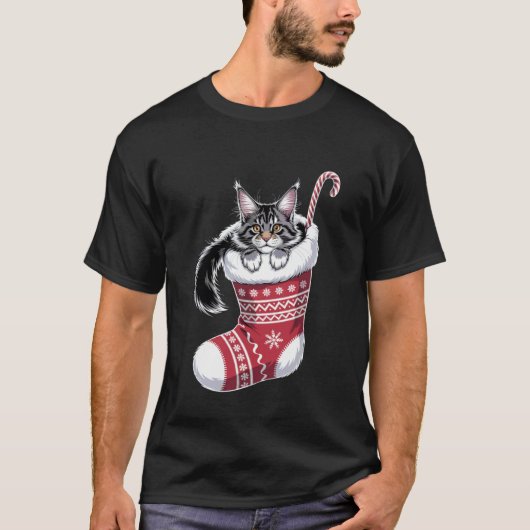 クリスマス メインクーン 猫 ペット クリスマス サンタ帽子 Tシャツ (正面)