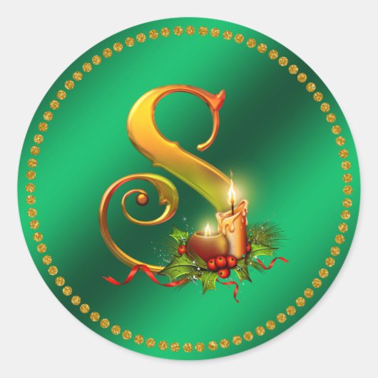 クリスマス モノグラム 緑の偽箔シール ラウンドシール (正面)
