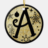 クリスマス モノグラム A 黒 金 グリッター セラミックオーナメント (正面)