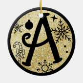 クリスマス モノグラム A 黒 金 グリッター セラミックオーナメント (裏面)