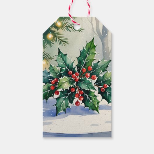 クリスマス ヤドリギ ホリデー 水彩画 ギフトタグ (正面)