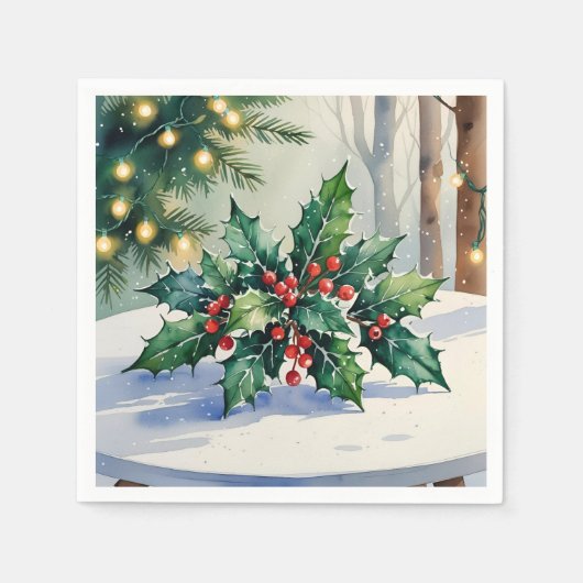 クリスマス+ヤドリギ+ホリデー+水彩画 スタンダードカクテルナプキン (正面)