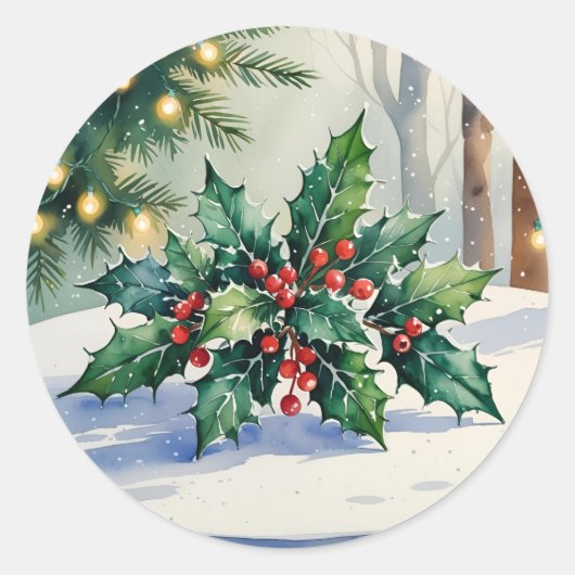 クリスマス ヤドリギ ホリデー 水彩画 ラウンドシール (正面)