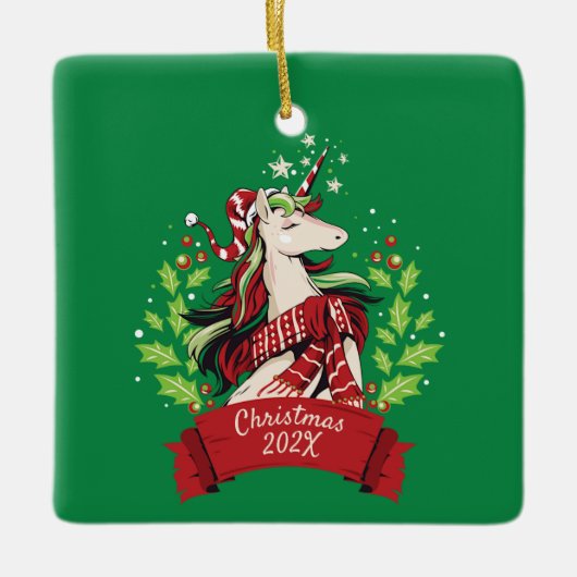 クリスマス・ユニコーンの魔法の年のハイライト セラミックオーナメント (正面)