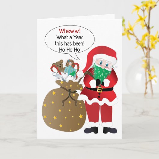 クリスマス、ユーモアのパンデミック、サンタは髭のマスクを着用 カード (黄色い花)