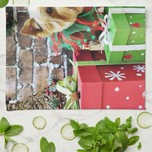 クリスマス-ヨークシャーテリア-ウィリー キッチンタオル (折り畳み)