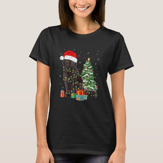 クリスマス ライトで角度をつけた黒猫サンタ Xmas Tシャツ (正面)