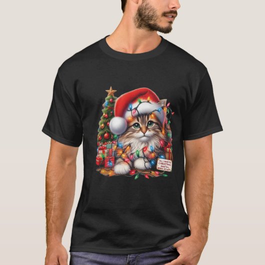 クリスマス ライトとサンタ帽子を着けたかわいい猫 Tシャツ (正面)