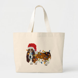クリスマス+ライトに絡まるバセット・ハウンド ラージトートバッグ