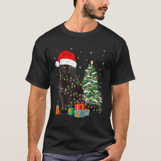 クリスマス+ライトに絡まる黒猫サンタ Xmas Tシャツ