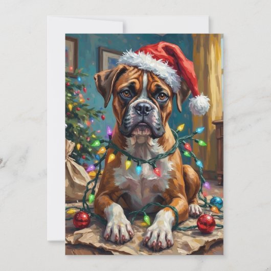 クリスマス ライトに絡まる グーフィーな ボクサー犬 (正面)