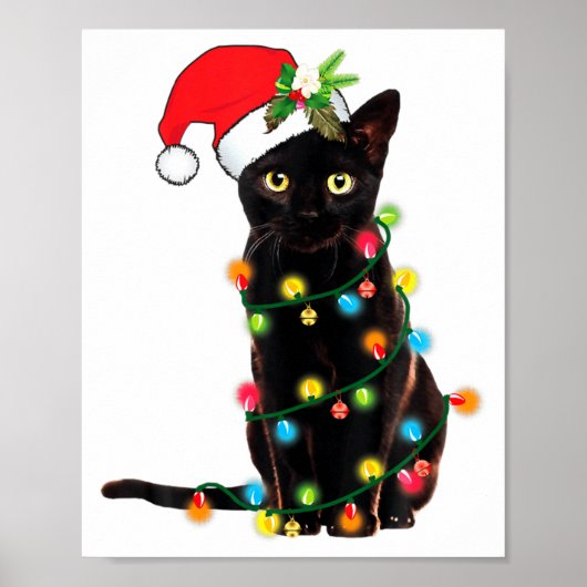 クリスマス ライトに絡まる 黒猫サンタ ポスター (正面)