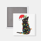 クリスマス ライトに絡まる 黒猫サンタ マグネット (正面/裏面)
