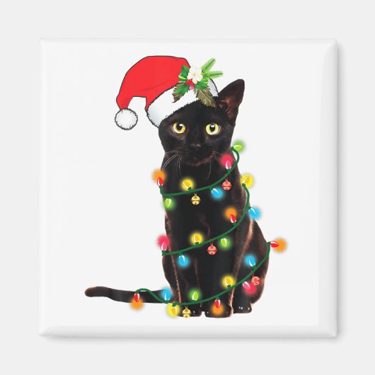 クリスマス ライトに絡まる 黒猫サンタ マグネット (正面)