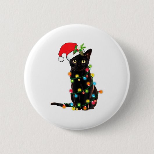 クリスマス ライトに絡まる 黒猫サンタ 缶バッジ (正面)