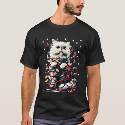 クリスマス ライト スノー ペルシャ猫 Tシャツ (正面)