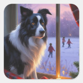 クリスマス+ライト+ホリデーのボーダーコリー スクエアシール (正面)
