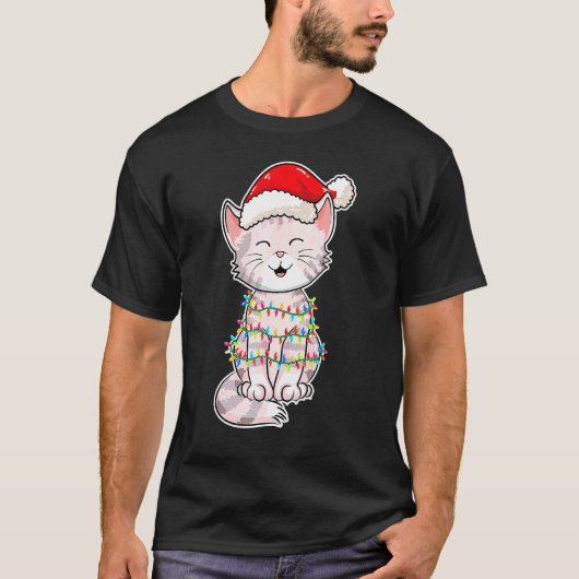クリスマス ライト 猫 クリスマス帽子 かわいい猫 Tシャツ (正面)