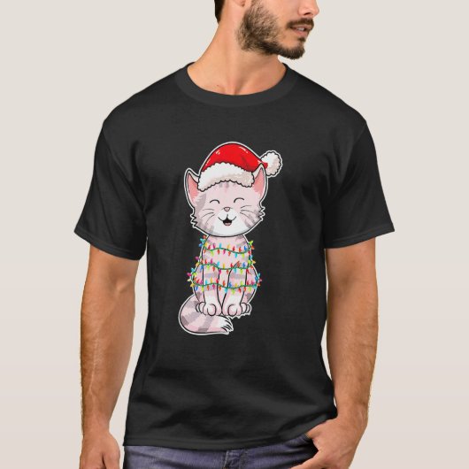 クリスマス ライト 猫 クリスマス帽子 かわいい猫 Tシャツ (正面)