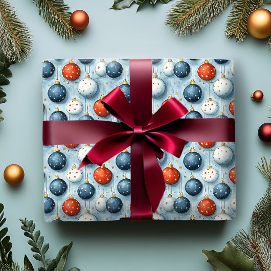 クリスマス ラッピングペーパー 赤 白 青 オーナメント