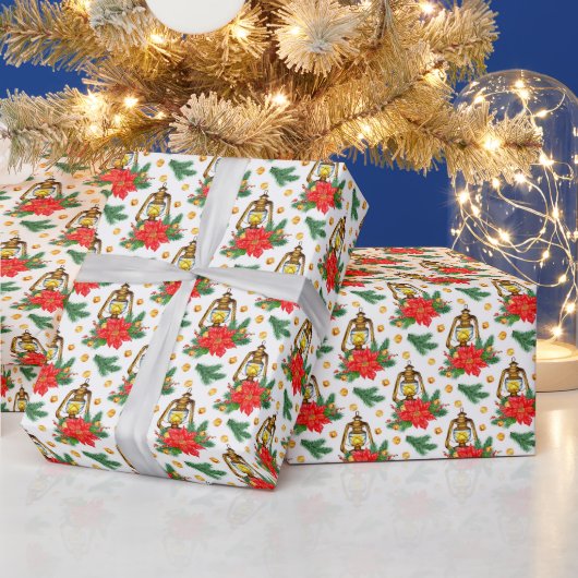 クリスマス ランタン柄 ポインセチア もみの木の枝 ラッピングペーパー (クリスマス)