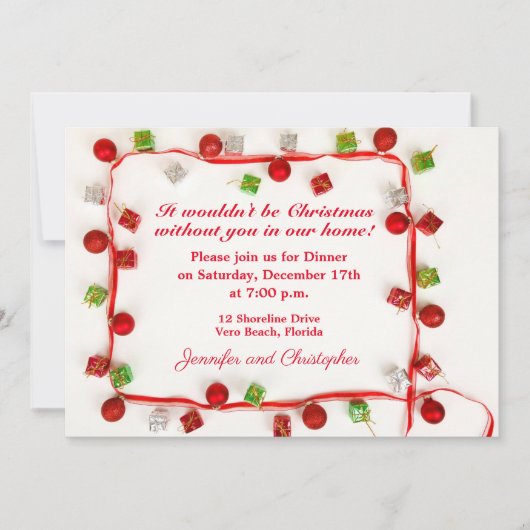 クリスマス リボン ディナー 招待状 (正面)