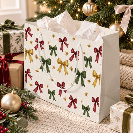 クリスマス リボン ボルドー グリーン ゴールド 水彩 ラージペーパーバッグ