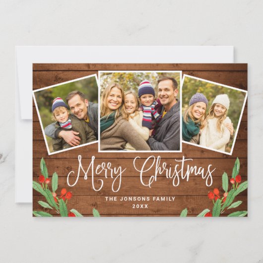 クリスマス ルースティック ブラウン ウッド グリーティング 4 枚セット 写真 シーズンカード (正面)